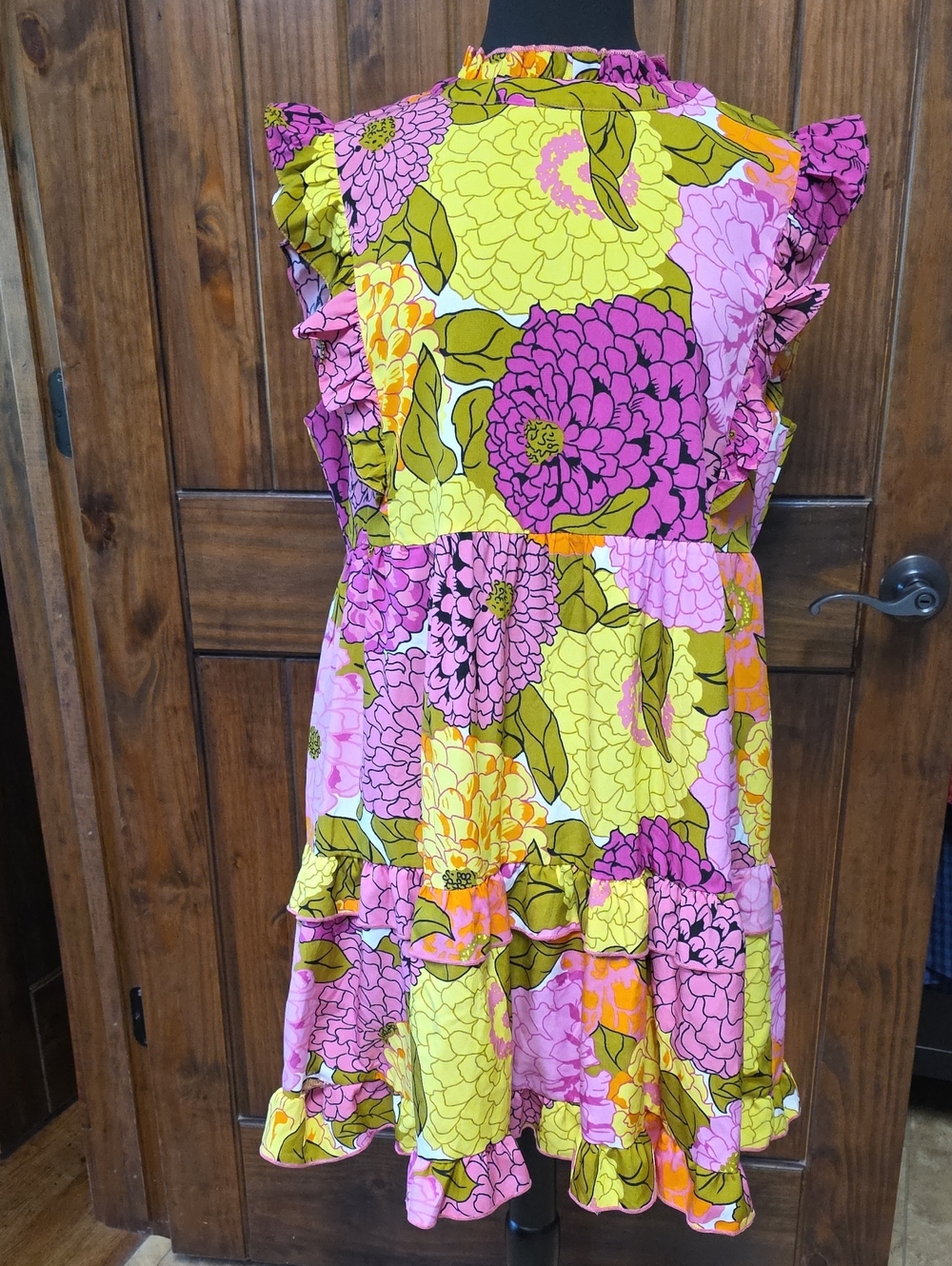 JODIFL Pink, Yellow & Green Floral Ruffle Casual Dress - Size L